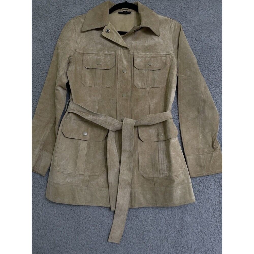 Vintage Express World Brand Tan Leather Belted Coat Womens Small Pockets